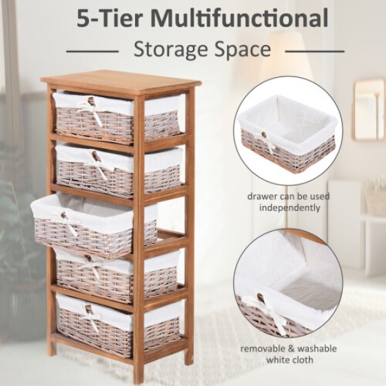 HOMCOM Five-Drawer Wicker Basket Storage Unit, Wooden Frame, Natural Home Style